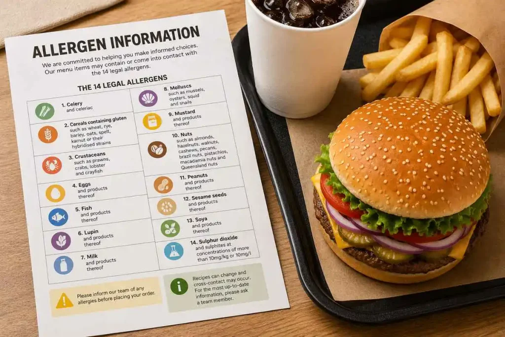 Burger King Allergens Explained information leaflet next to a fast food tray