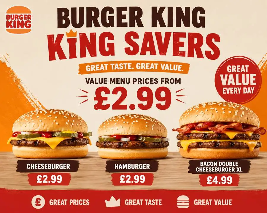 Burger King Cheeseburger and Hamburger from the King Savers value menu, priced from £2.99