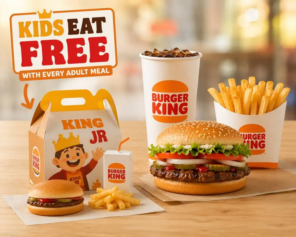 Burger King Kids Eat Free offer — free King Jr Meal with adult burger meal purchase