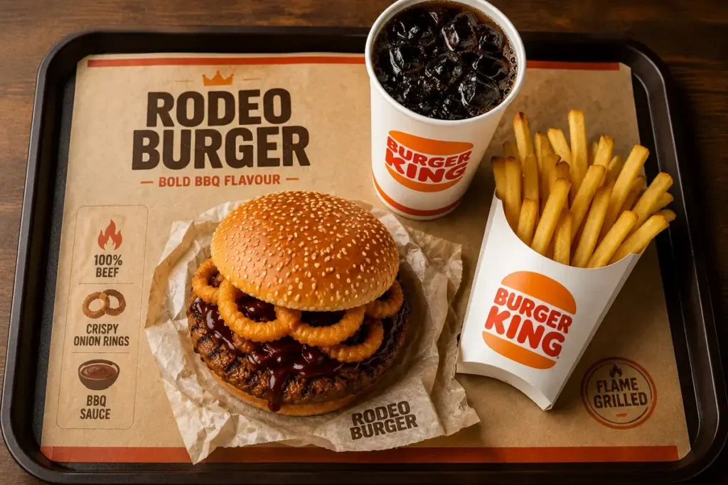 Burger King Rodeo Burger meal with fries and a drink