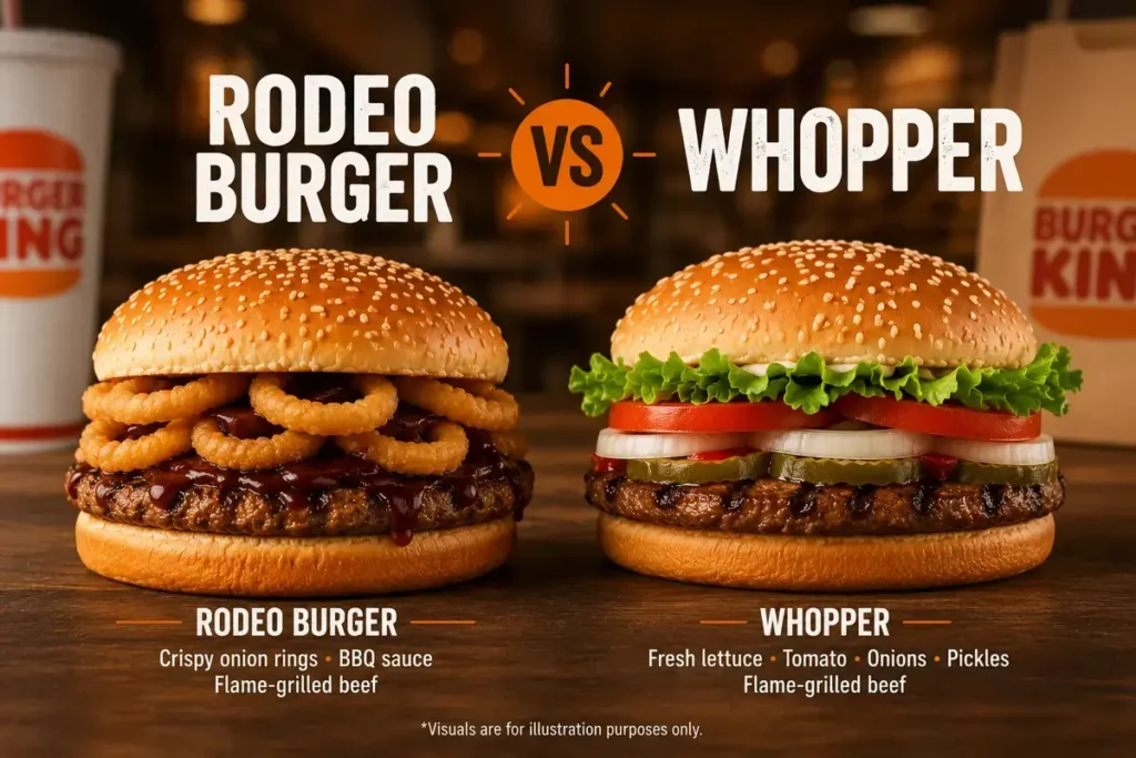Burger King Rodeo Burger next to a WHOPPER for size and ingredient comparison