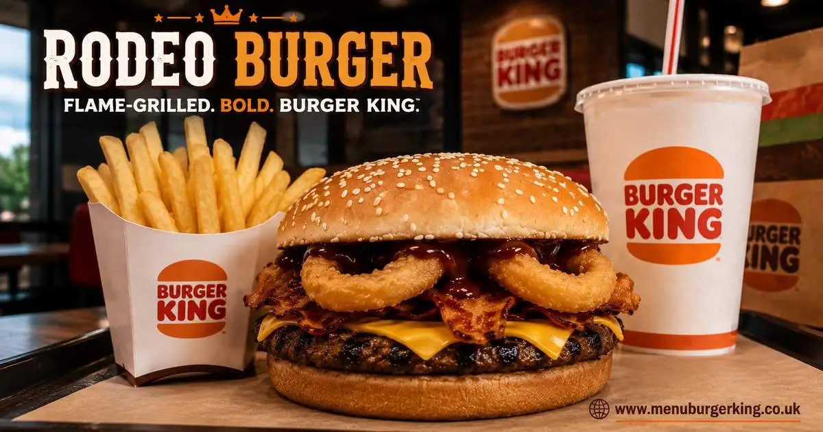 Burger King Rodeo Burger with onion rings and BBQ sauce on a sesame seed bun