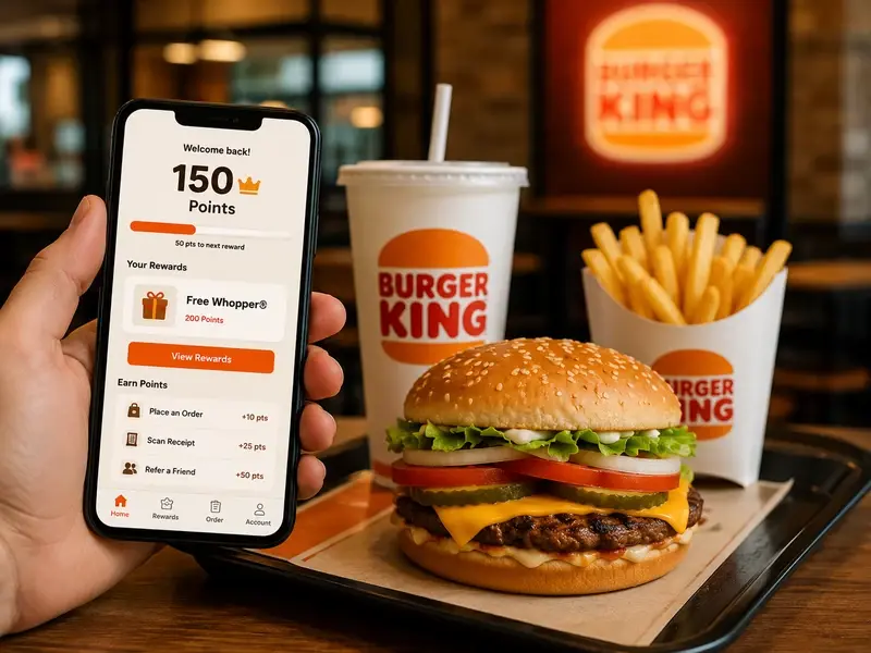 Burger King app on a phone screen next to a meal, representing the Royal Perks loyalty programme in the UK