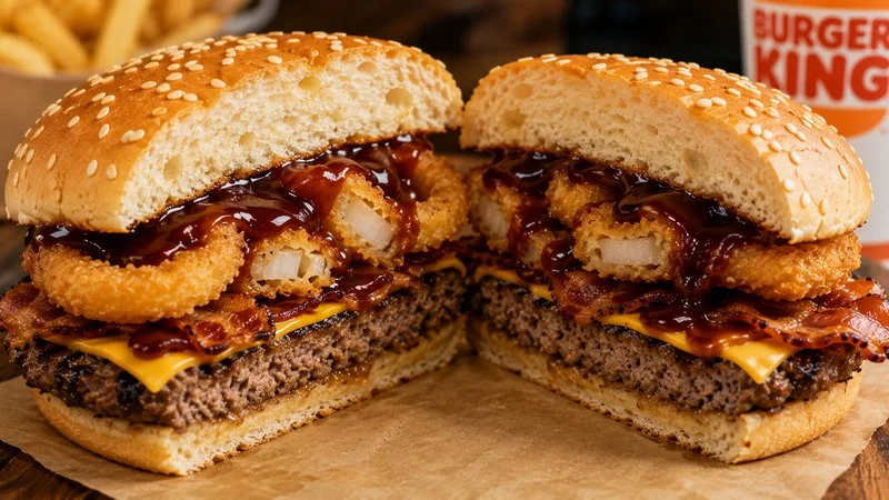 Cross-section of a Burger King Rodeo Burger showing beef patty and onion rings