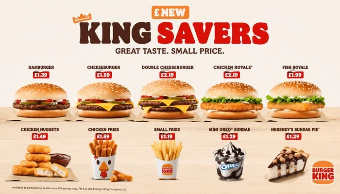 Full Burger King King Savers value menu range including Cheeseburger, Hamburger and Double Cheeseburger