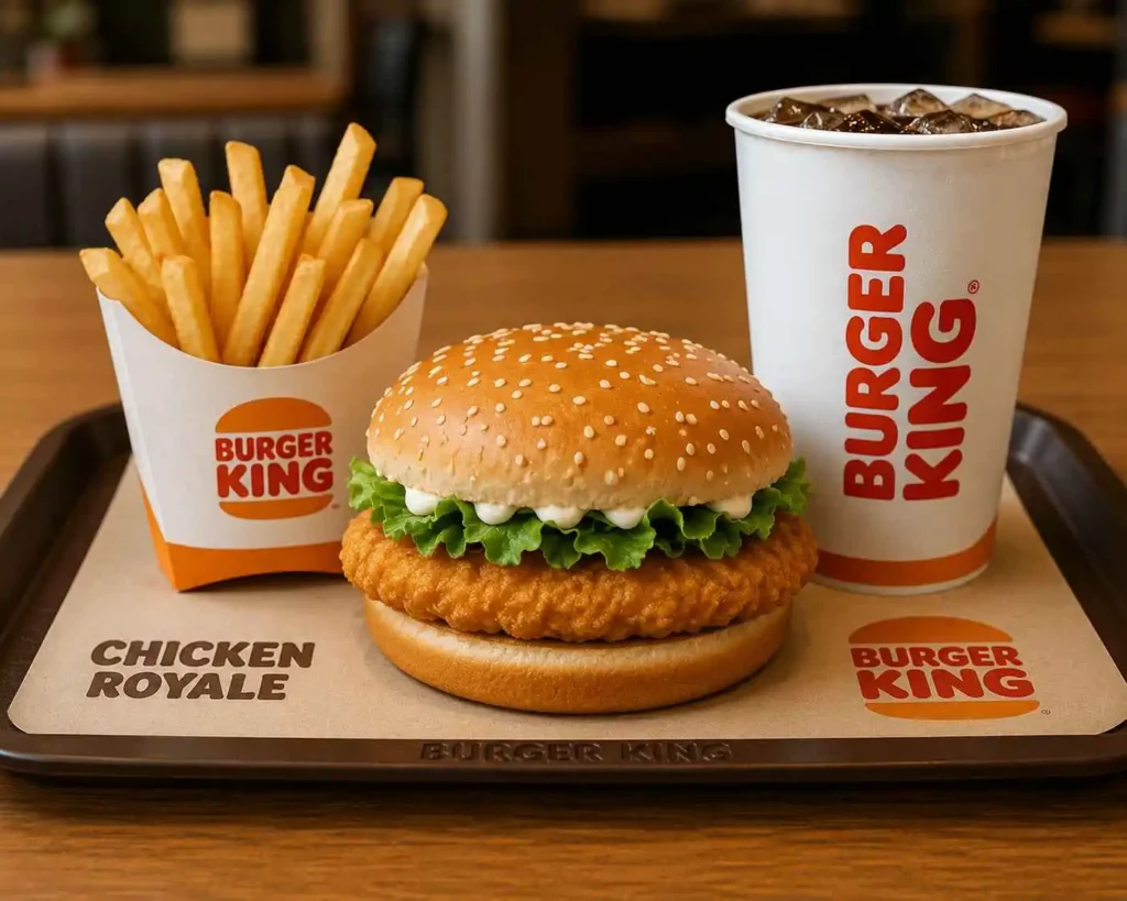 What it shows Chicken Royale meal on a tray — sandwich, fries, and drink together