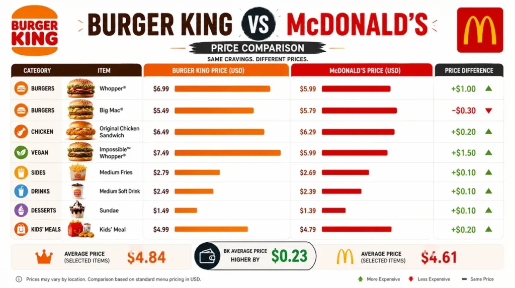 Burger King vs McDonald's UK price comparison chart