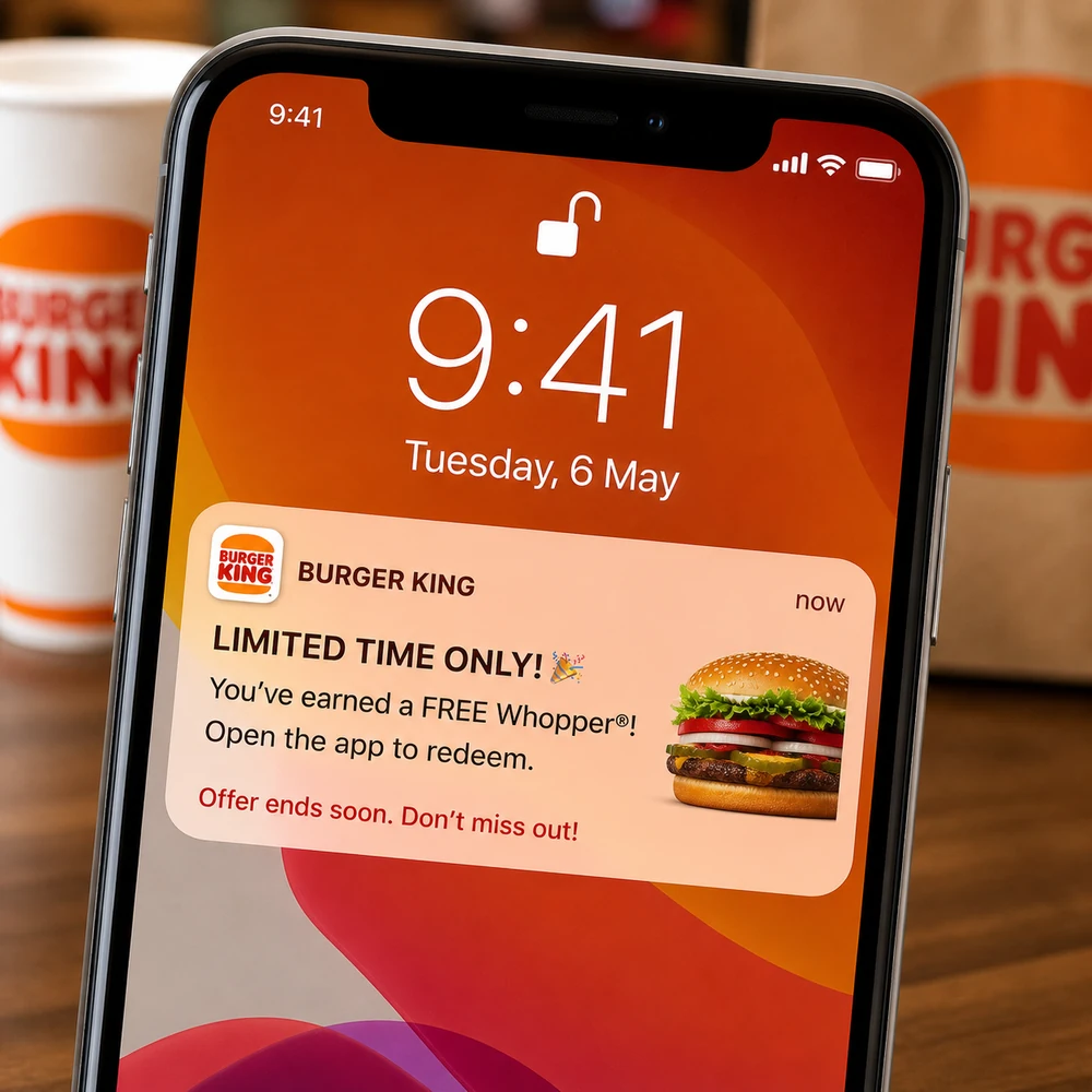 Burger King app notification for a limited-time free item offer