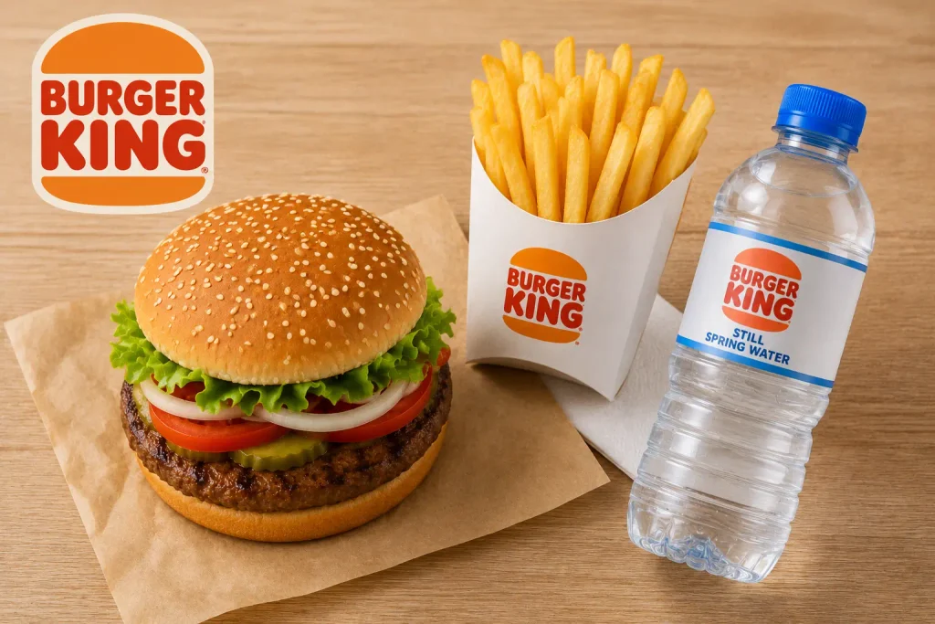 Lower-calorie fast food order with burger, small fries, and water