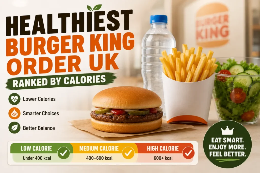 Lower-calorie fast food order with burger, small fries, and water