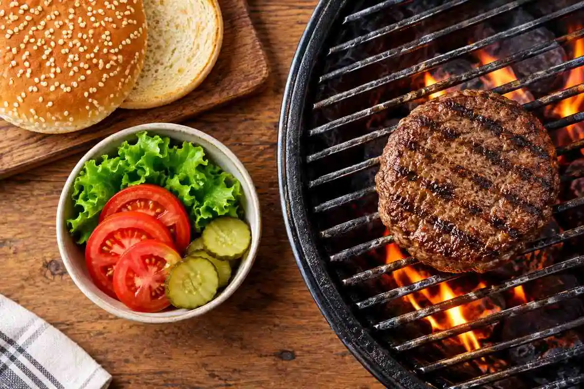 Homemade flame-grilled burger ingredients laid out next to a grill