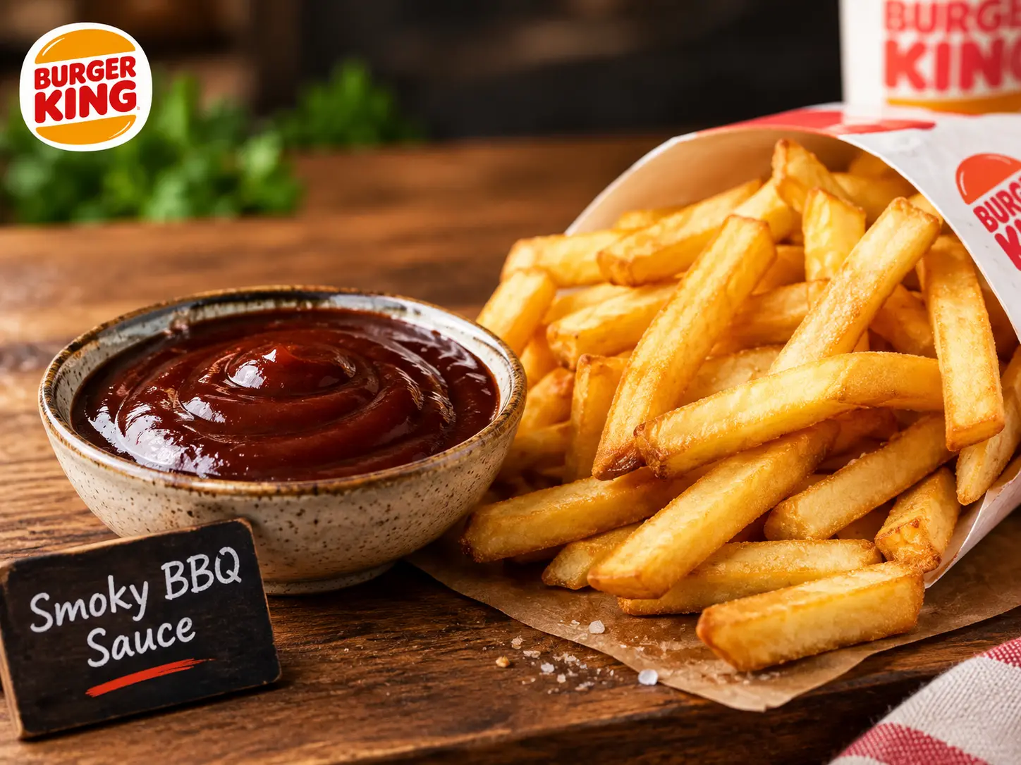 Homemade smoky BBQ dipping sauce beside a portion of fries