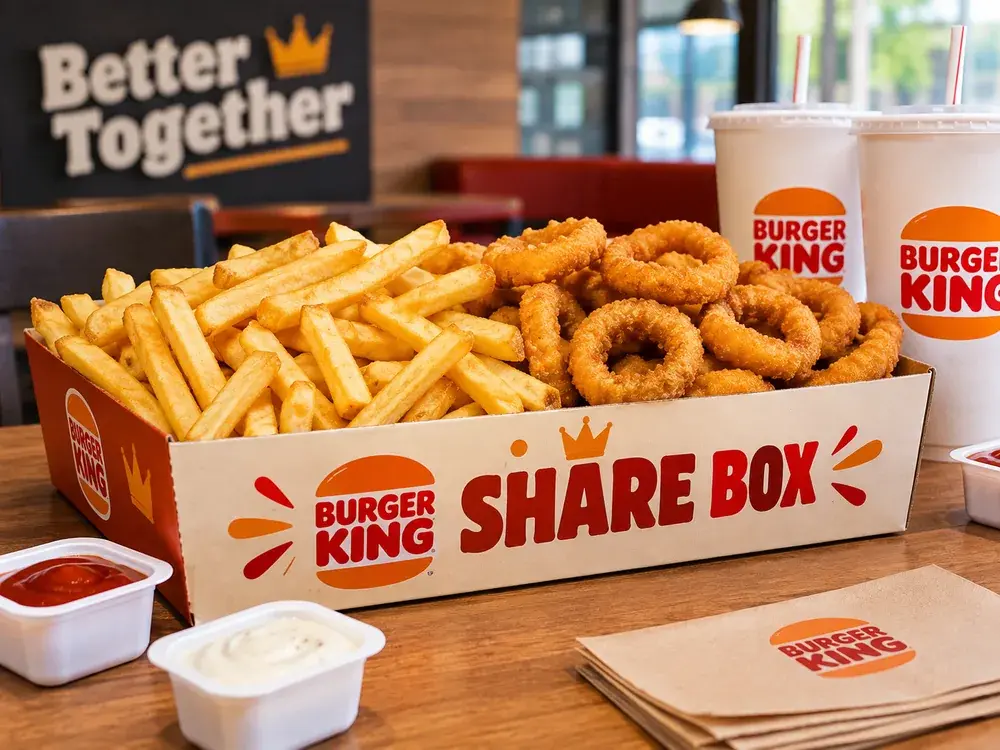 Shared Burger King fries and onion rings for a group order