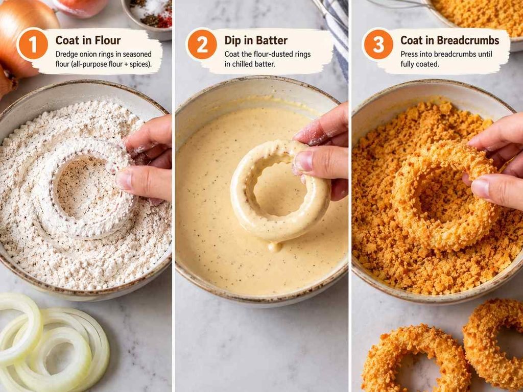 Step-by-step onion ring coating process, flour, batter, dry coat