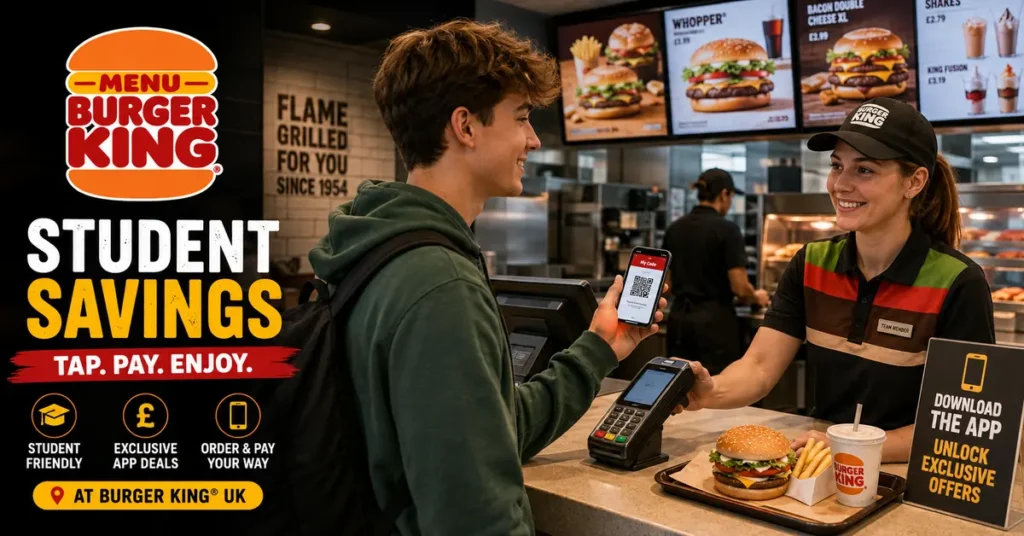 Student ordering food at a UK fast food counter