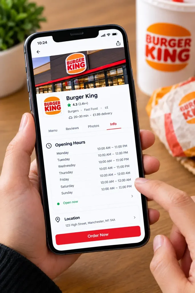 Checking Burger King hours on the app