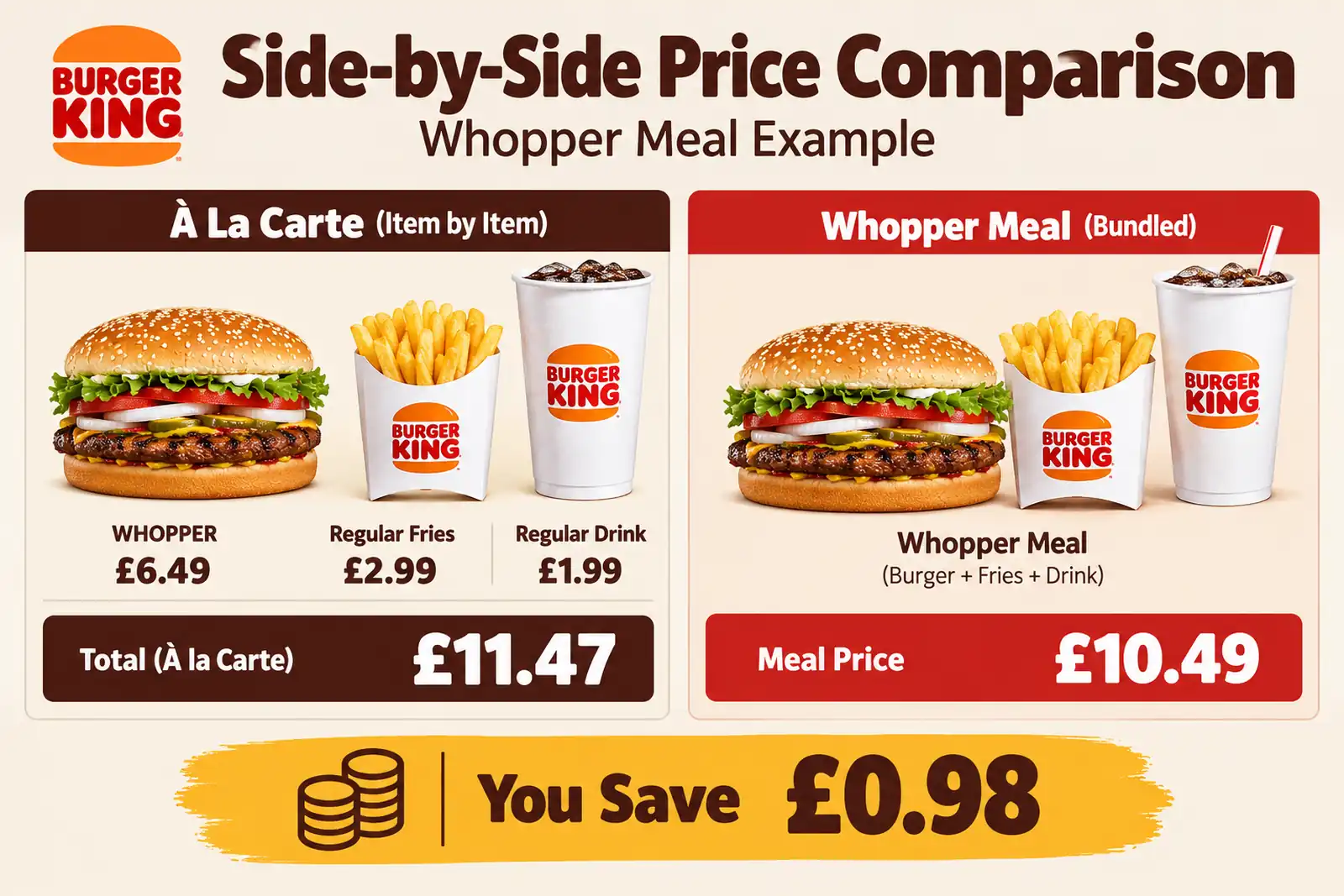 Burger King meal deal vs à la carte price comparison