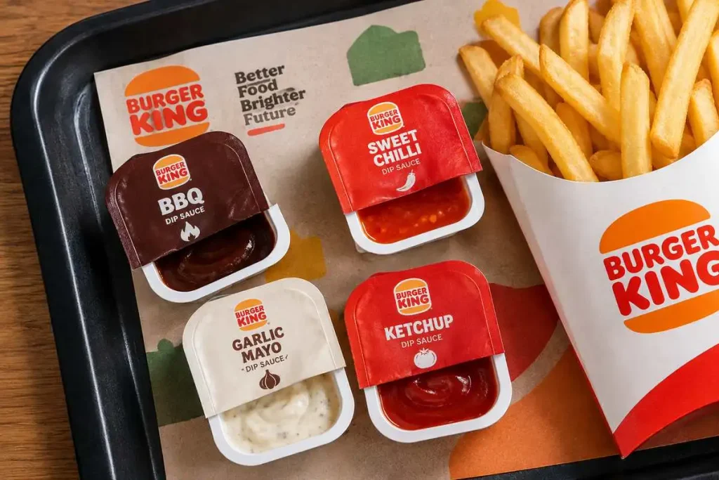 Burger King UK sauce pots including BBQ, Sweet Chilli and Garlic Mayo dips