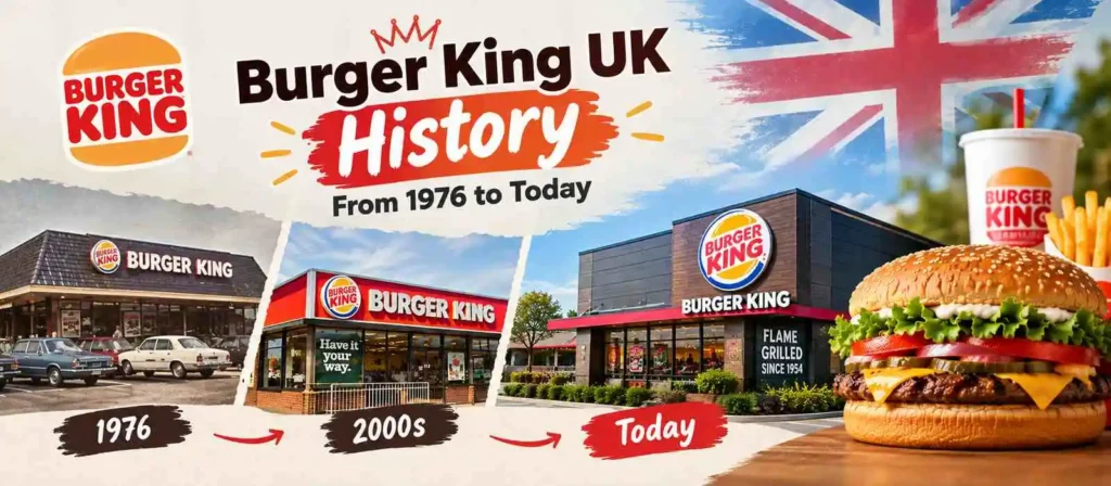 Timeline illustration of Burger King UK history from the 1970s to today