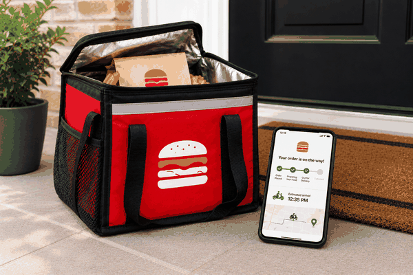 Fast food delivery bag on a doorstep with a phone showing order tracking